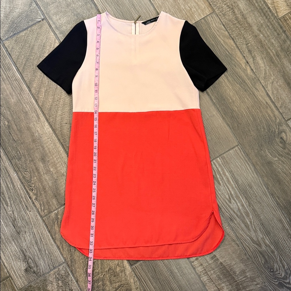 Zara Colorblock Shift Mini Dress Small Blush Pink Red Black Mod Short Sleeve - Picture 7 of 16